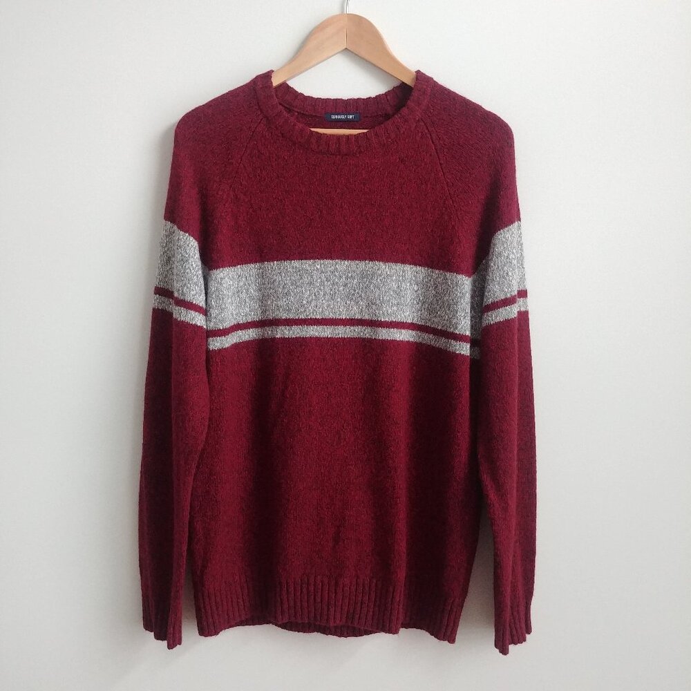 Men's Large wool cotton blend American Eagle soft sweater dark red grey striped